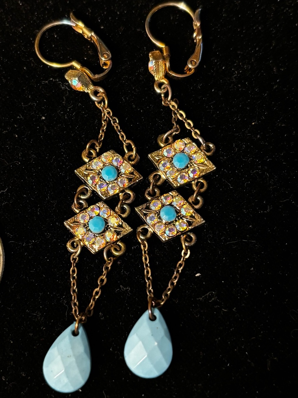 Iridescent rhinestone and blue glam earrings